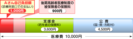 １万円のうち、１割にあたる千円をＡさんが自己負担し、九百円は後期高齢者の保険料から負担し、三千六百円は若者の保険料から支援され、残り四千五百円が国・県・市町村からの公費で賄います。